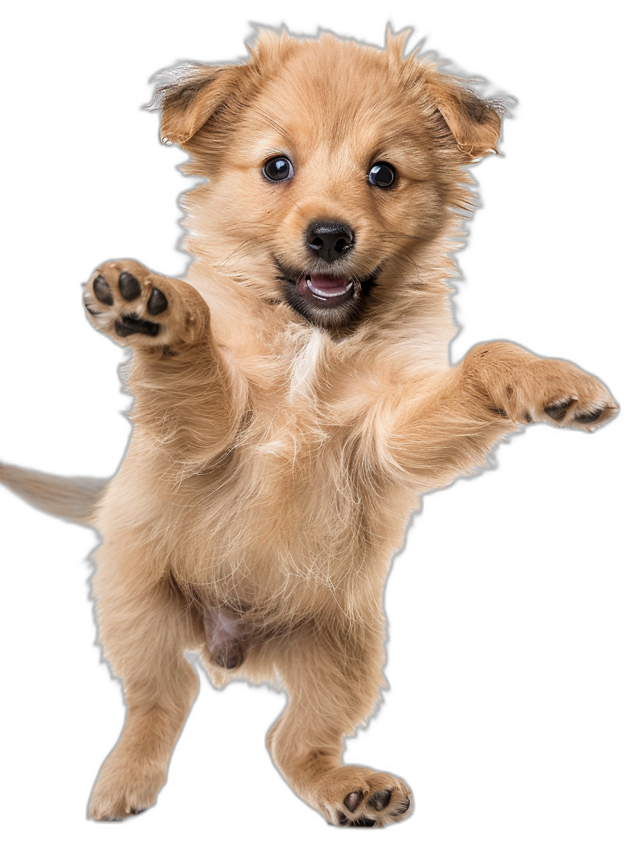 A happy and playful puppy is jumping up with its front paws in the air, black background, photorealistic photography