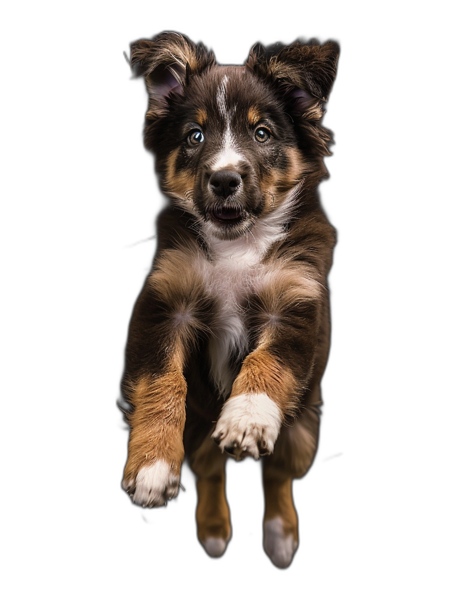 A cute Australian Shepherd puppy is jumping in the air, with its front paws facing up and looking at you from above on a black background, with soft lighting, in the portrait photography style, in a raw style.