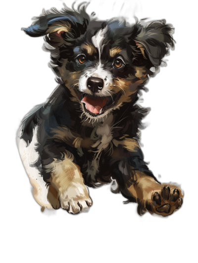 Illustration of a happy smiling Australian Shepherd puppy running on a black background, detailed and expressive, hand painted in the style of watercolor and digitally airbrushed, vector art illustration with a white border around the edge, high resolution professional lighting setup.