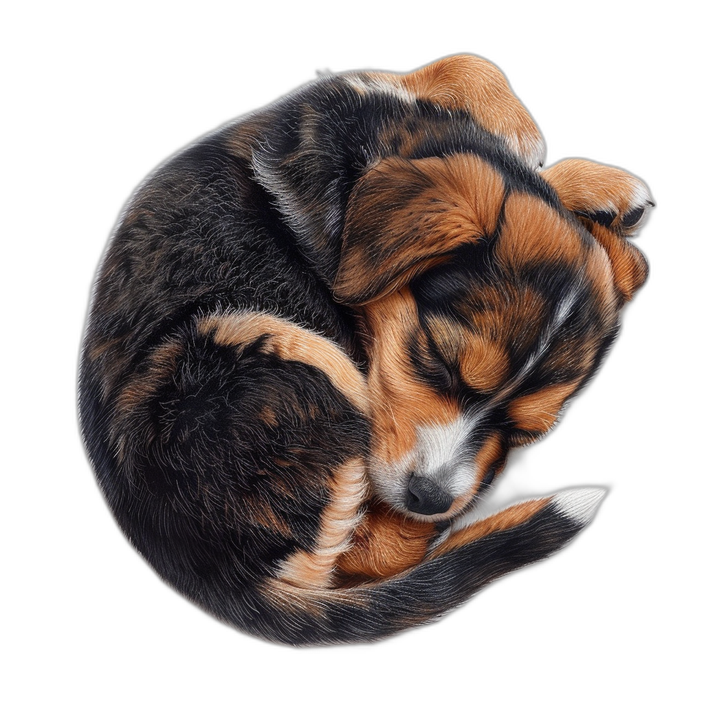 The puppy curled up sleeping, shown from above in a top view, in the hyper realistic style, on a black background, as a piece of digital art.