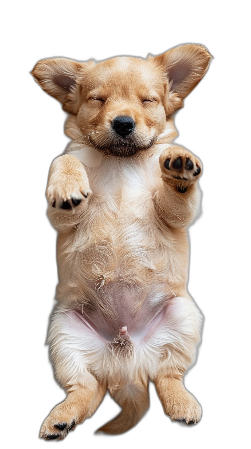 puppy sleeping on its back with hind legs up in the air, belly facing camera, cute and happy expression, black background, hyper realistic photography