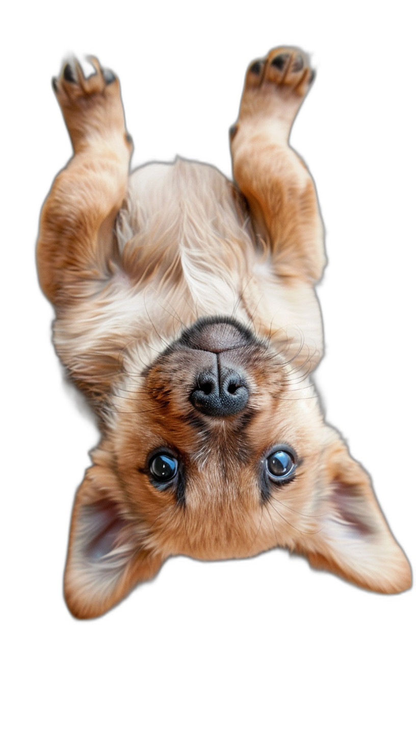 view from above of cute chihuahua puppy hanging upside down, solid black background, realism, hyper realistic, professional photography, beautiful eyes, happy face expression, studio light