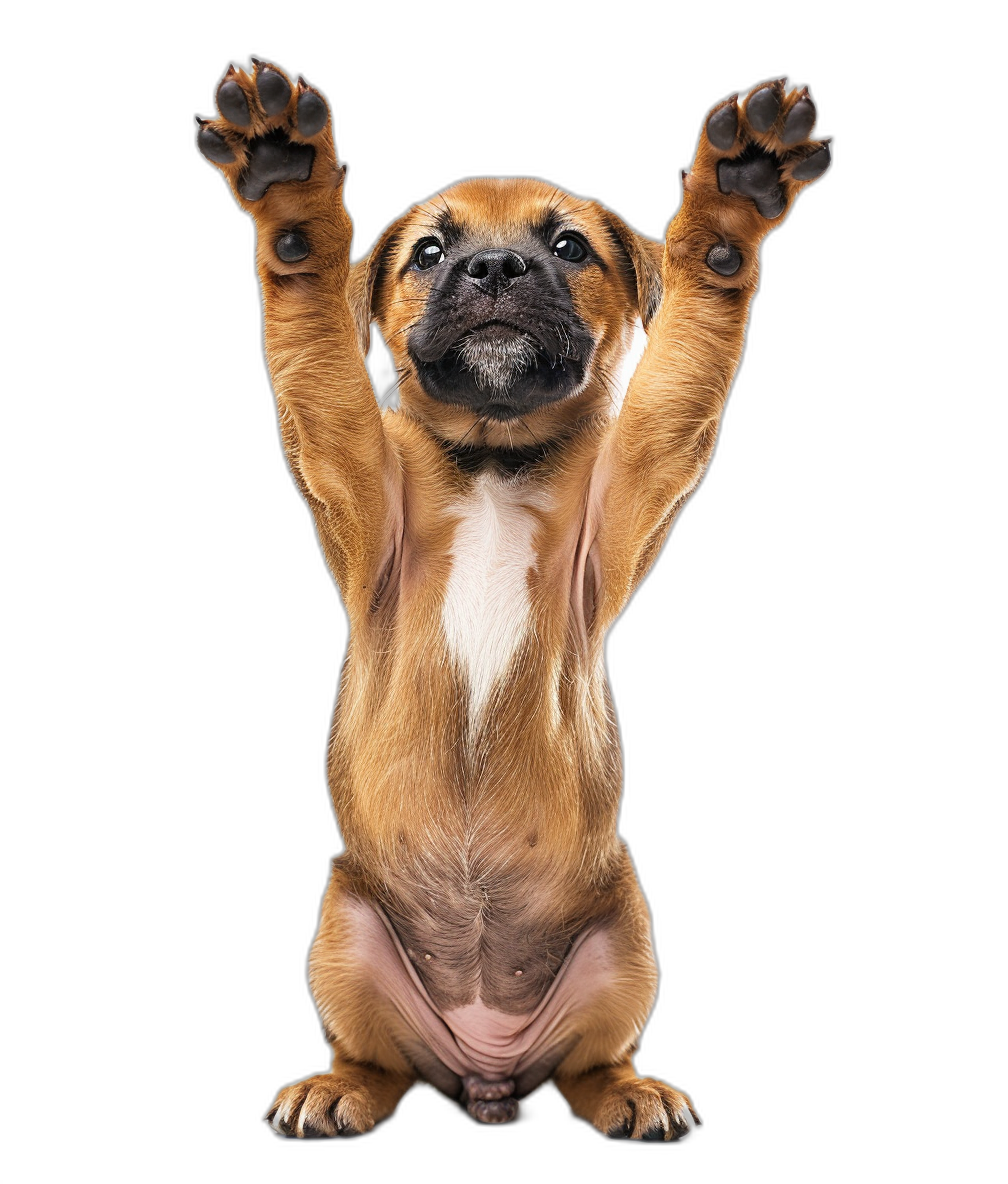 A cute puppy doing yoga, standing on its hind legs with arms raised in the air, isolated black background, full body shot, studio photography, high definition photography, hyper realistic