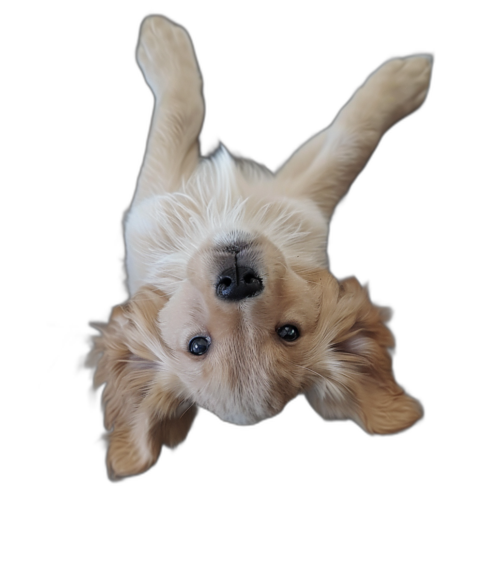 View from above of a cute golden retriever puppy playing and jumping upside down on a black background, in the style of a realistic photo.