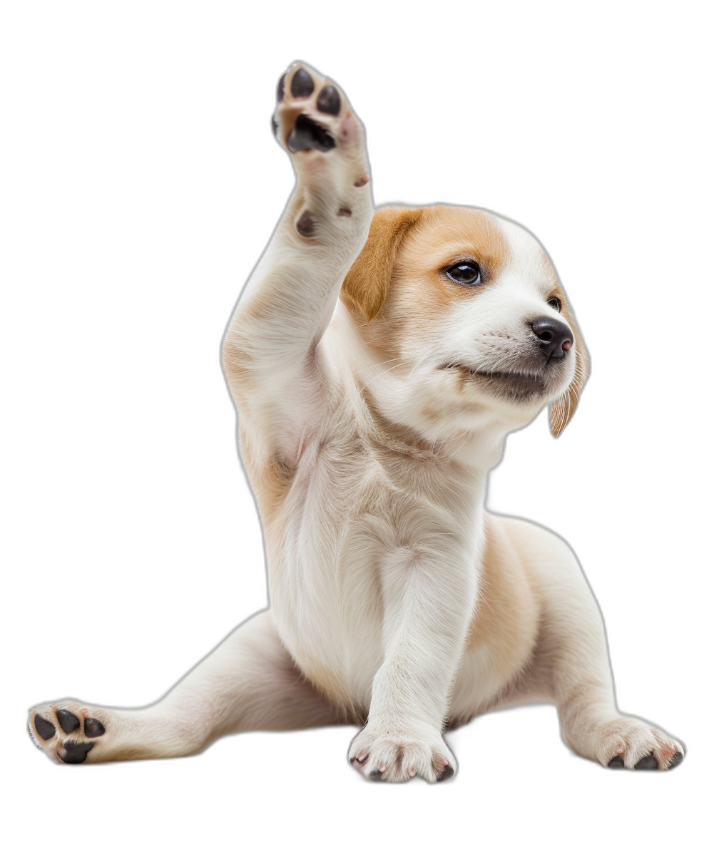 A cute puppy doing yoga, stretching in a pose with his front paws raised up in the air, isolated on a black background, in a full body shot, in the style of high definition photography.