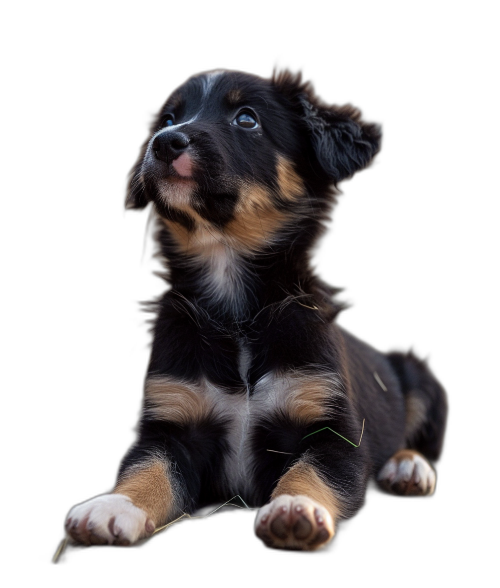 Cute Australian Shepherd puppy, isolated on black background, photo realistic, professional photography, in the style of studio lighting