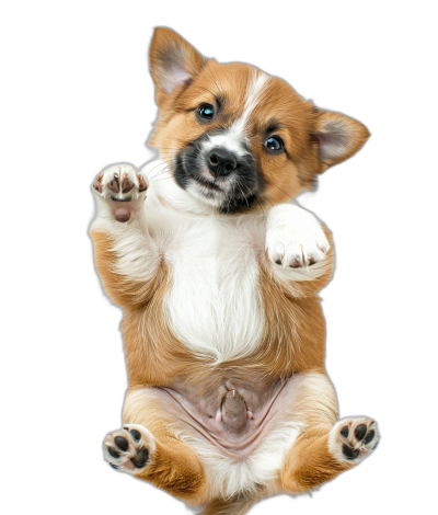 full body photo of happy Corgi puppy, floating in the air with his paws outstretched and showing her belly on black background, high definition photography