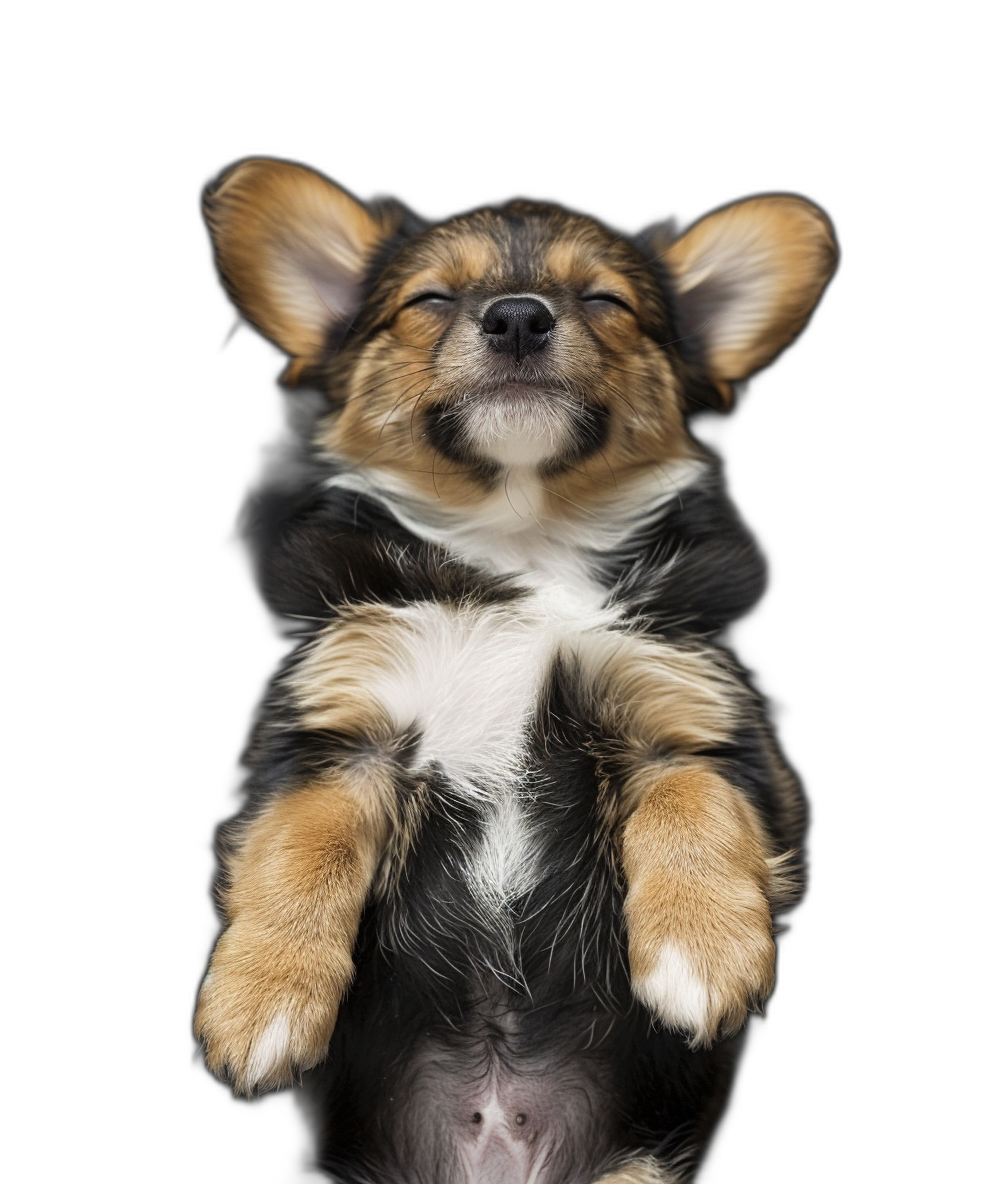 A cute corgi puppy, its front paws up in the air in an upside down posture, on a black background, in a full body portrait photograph, with soft light and shadow.