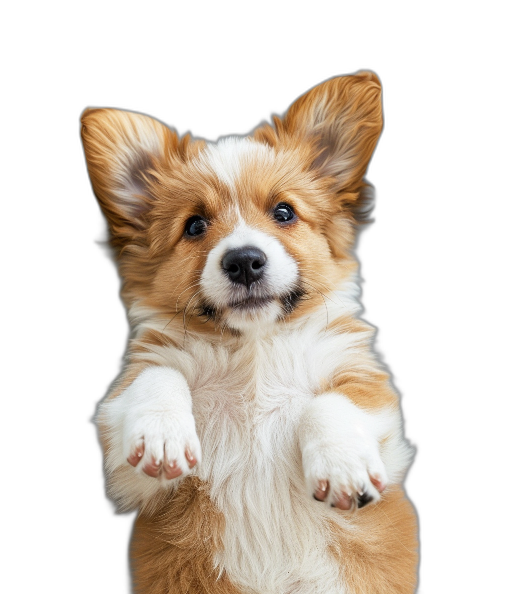 photorealistic portrait of cute puppy corgi standing on hind legs isolated against black background, stock photo shoot