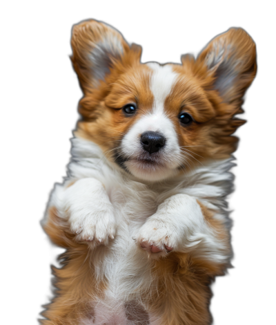 portrait photo of a cute corgi puppy, standing on its hind legs doing an epic pose with its front paws together in the air like it's holding something up, black background, studio lighting, sharp focus, fine art photography in the style of fine art photography.