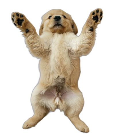 A full body photo of a happy golden retriever puppy with its hind legs up in the air, showing off its belly and paws against a black background. The high resolution digital photograph is in the style of a happy golden retriever puppy.