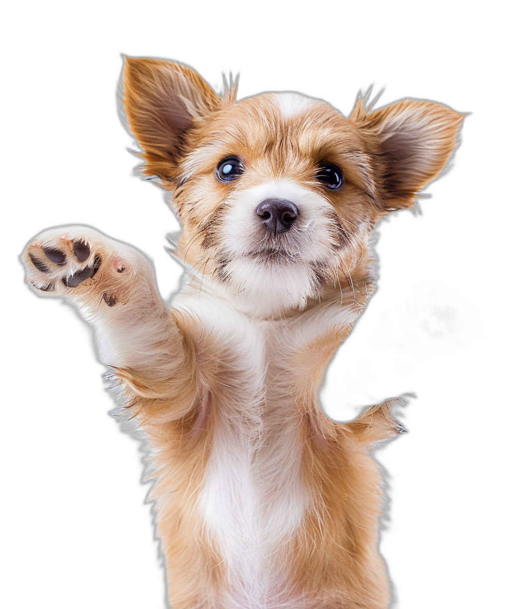 A cute puppy is waving its paw, full body portrait photography, black background, high definition details in the style of black background.