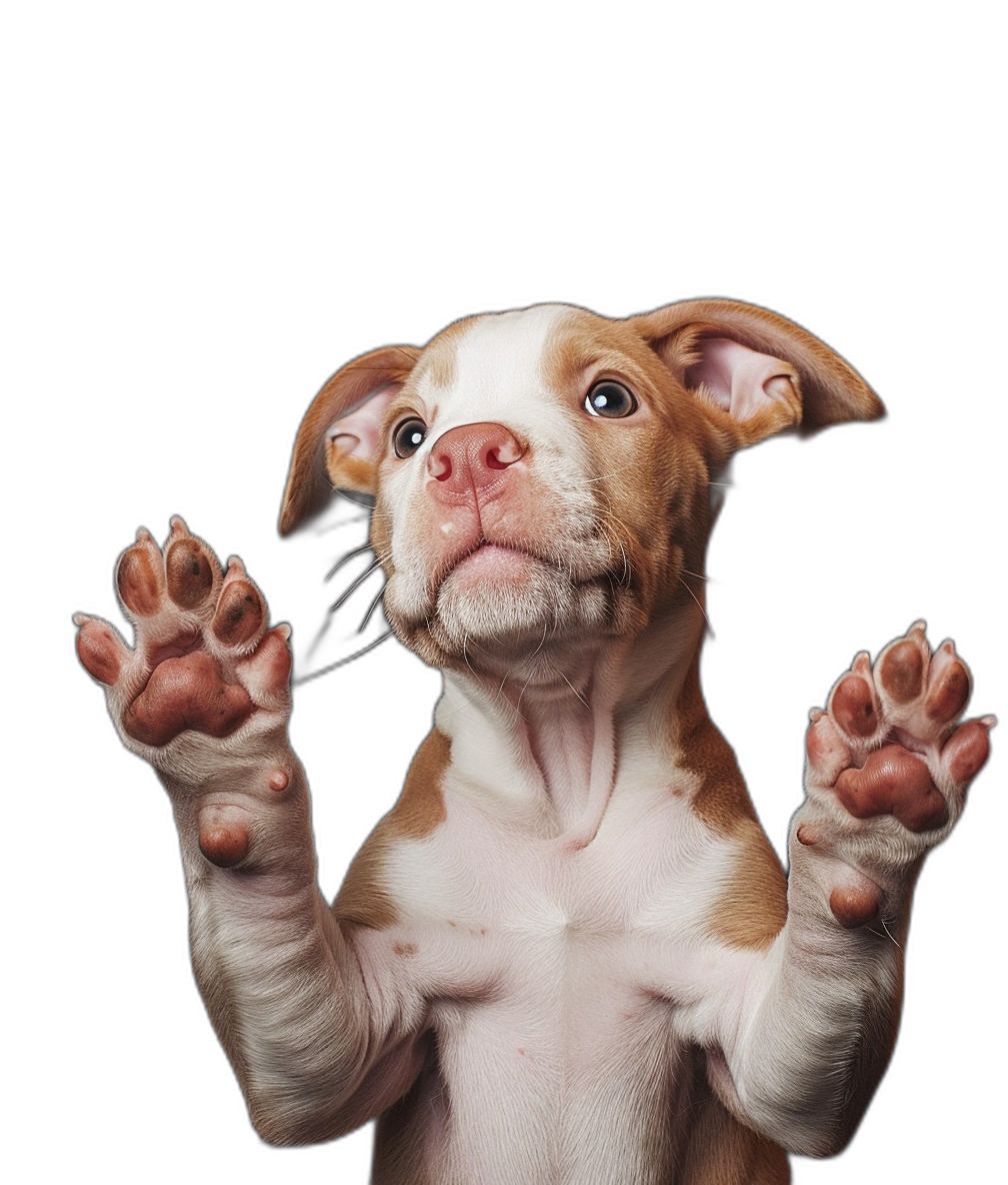 A cute pitbull puppy with paws raised in the air, isolated on a black background, in a studio photography style with studio lighting, in a sharp focus, bold colors, playful mood, high resolution.