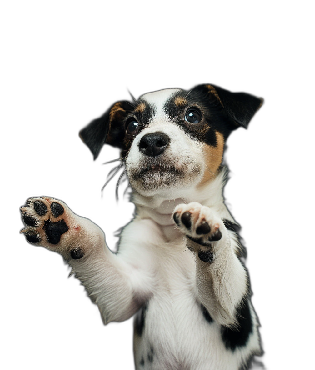 A white and black Jack Russell Terrier puppy with one paw raised in the air, on a solid dark background, in the style of studio photography, award winning portrait photography.