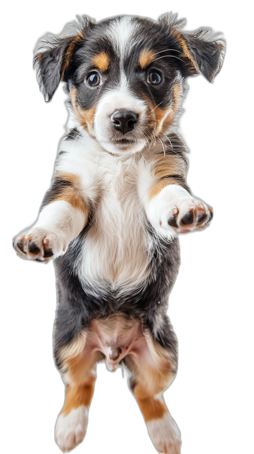 A cute baby Australian Shepherd puppy is jumping up, with its front paws hanging in the air against a black background. The photo adopts a symmetrical composition, with high saturation colors, soft side lighting, captured with a wideangle lens, showing the natural posture of the puppy, its lively movements, warm tones, and a lively expression on its face in a full body photo.