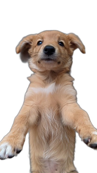 A cute puppy is standing on its hind legs, with both front paws raised in the air, and one of them is holding something, against a black background, in the style of photo realistic, professional photography, high quality.