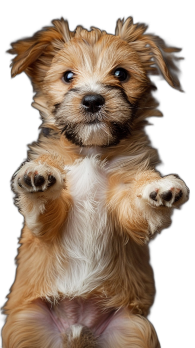 photorealistic portrait of an adorable Havanese puppy, standing on hind legs doing the Heimilch pose with its front paws raised in playful form and black background, detailed fur texture, cute expression, high resolution photography