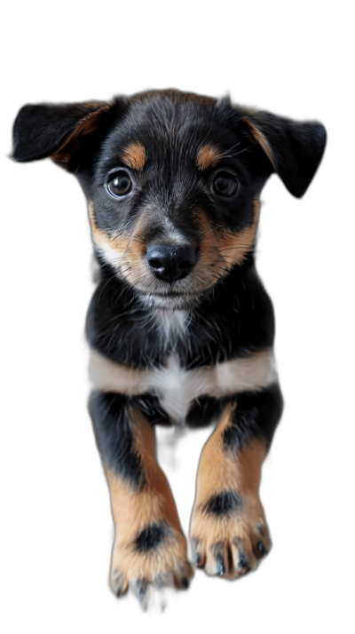 A cute black and brown puppy is flying in the air, looking at you with big eyes against a black background. It is a high definition photography closeup of the puppy's feet in a symmetrical composition with studio lighting. The photo is in the style of hyperrealistic photography.