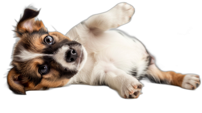 A playful puppy lying on its back, with one leg raised and the other stretching upwards, against a black background, in the style of photo studio photography, stock photography, high resolution image.