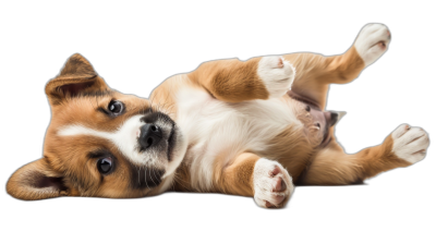 A cute puppy lying on its back, playing with its paws in the air against an isolated black background. Photorealistic photography in the style of an isolated black background.