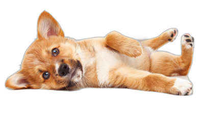 A cute happy puppy lying on its back isolated on a black background, png photo cutout and illustrated in the style of illustration with a solid black border around the animal.