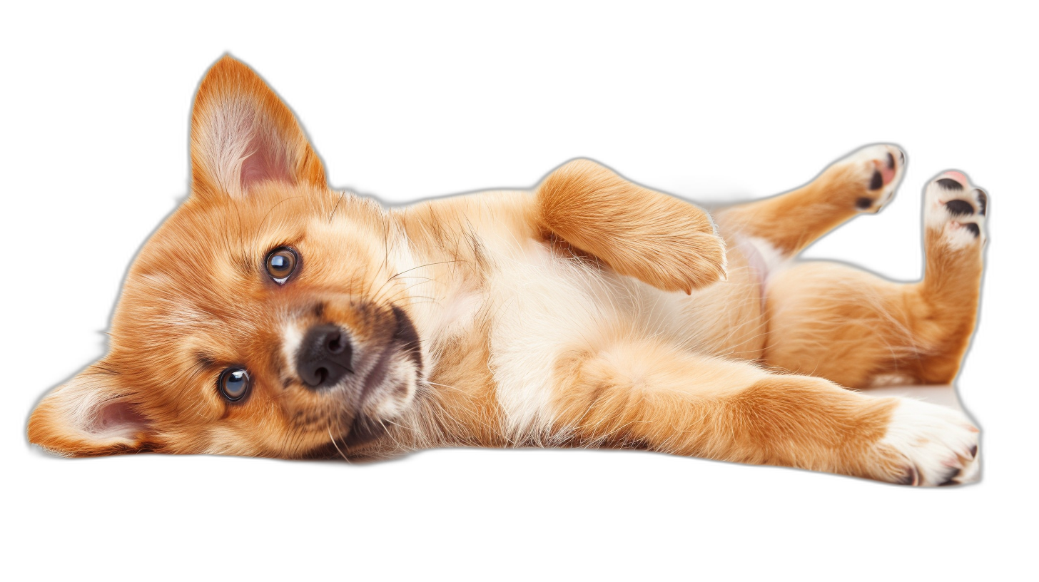 A cute happy puppy lying on its back isolated on a black background, png photo cutout and illustrated in the style of illustration with a solid black border around the animal.