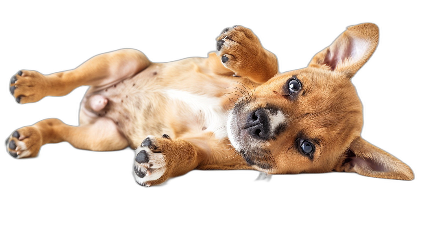 Cute puppy lying on its back isolated on a black background, in a top view. An adorable dog rolling over for its belly and showing its paws with big ears. A chihuahua, corgi or pitbull in a playful position, in the style of no particular artist.