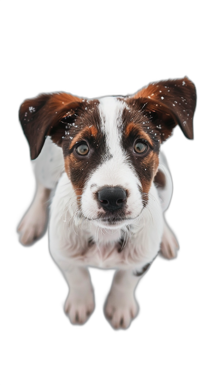 photorealistic portrait of cute jack russel puppy, looking up at camera with black background, snow on the face, symmetrical eyes, symetrical shot, full body, looking into lens, symrrical look and feel, shot by canon eos r5