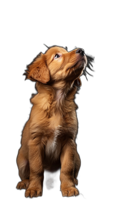 A golden retriever puppy sitting on its hind legs, looking up with its head tilted to the side and mouth open in wonder against a black background, in a high definition photograph.