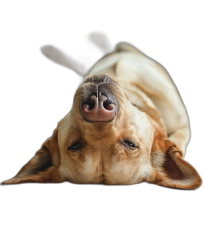 photorealistic portrait of a labrador lying on its back with its feet in the air, isolated on a black background, in the style of professional photography with studio lighting