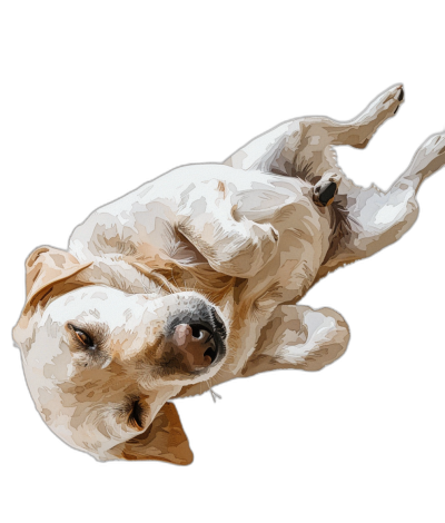 A Labrador dog lying on its back, cartoon style, simple brushstrokes, black background, white and light yellow color scheme, flat illustration, highdefinition details, 3D rendering effect, full body shot, top view, perspective composition, warm lighting, cute expression.,,in