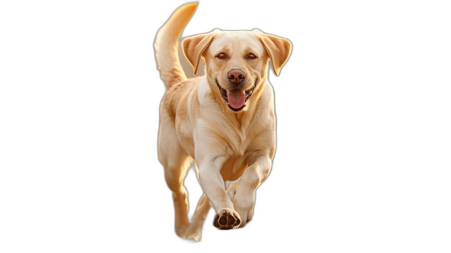 Golden Labrador running towards the camera in a full body shot, isolated on a black background in the style of high resolution photography.