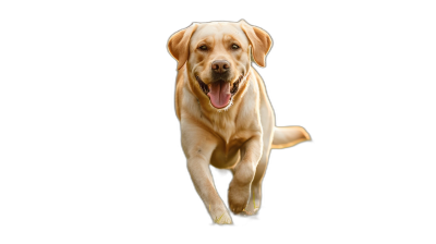 A Labrador running towards the camera, with a happy expression, on a black background, in a studio shot, with high resolution photography, as a high quality photo, in high definition.