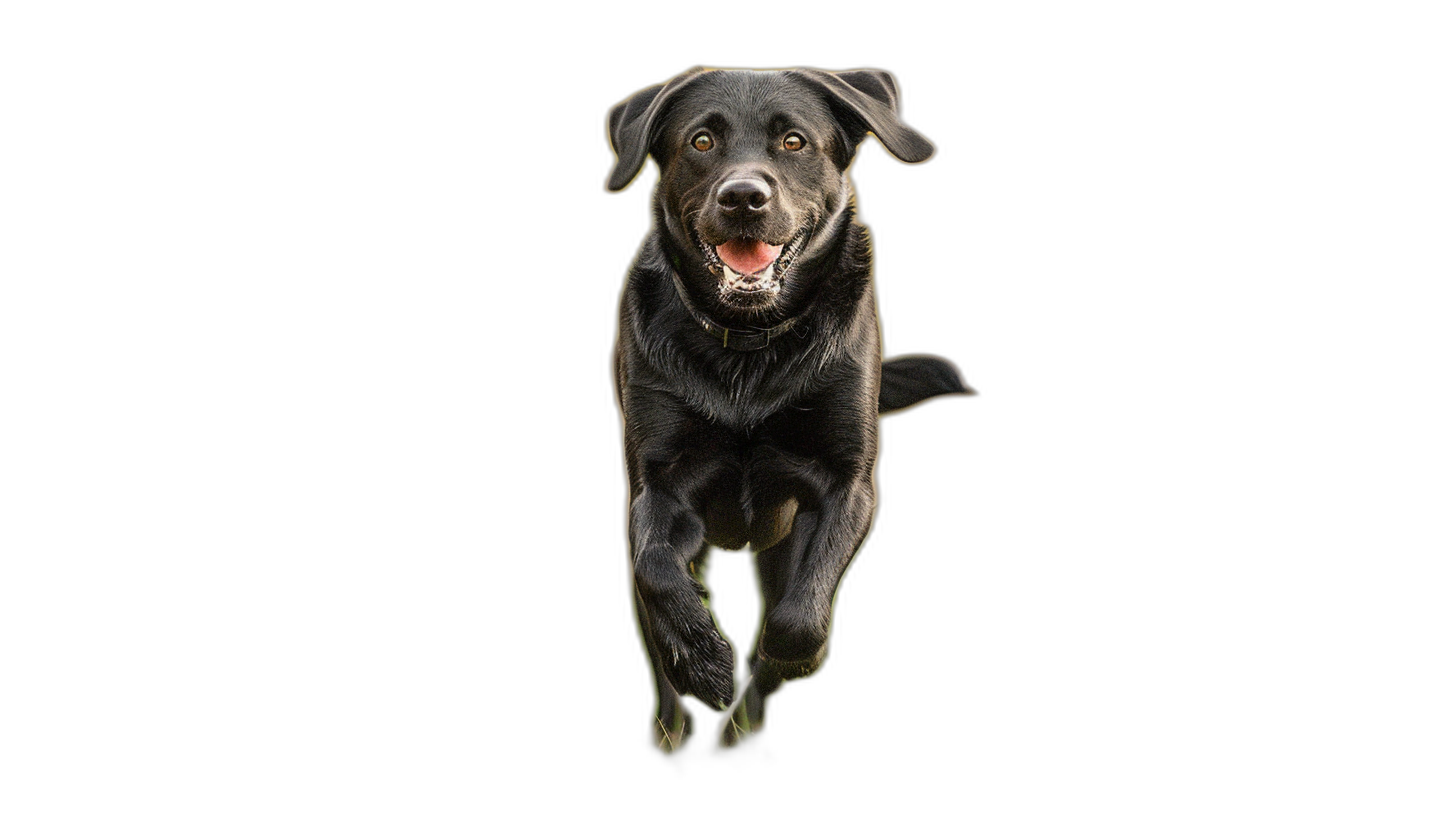 A black labrador is running towards the camera with a happy expression isolated on a black background. It is a photorealistic, high resolution photograph in the style of photorealistic photography.