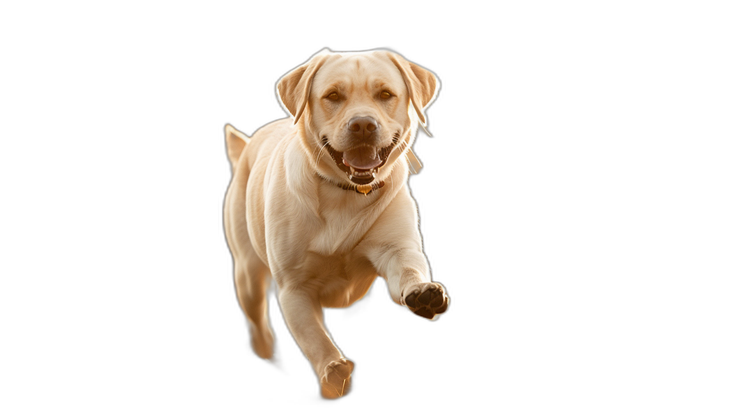 A yellow Labrador running towards the camera in a full body shot, isolated on a black background in the style of high resolution photography.