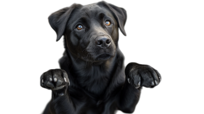 black labrador with one paw up, looking at the camera, isolated on black background, hyper realistic photography