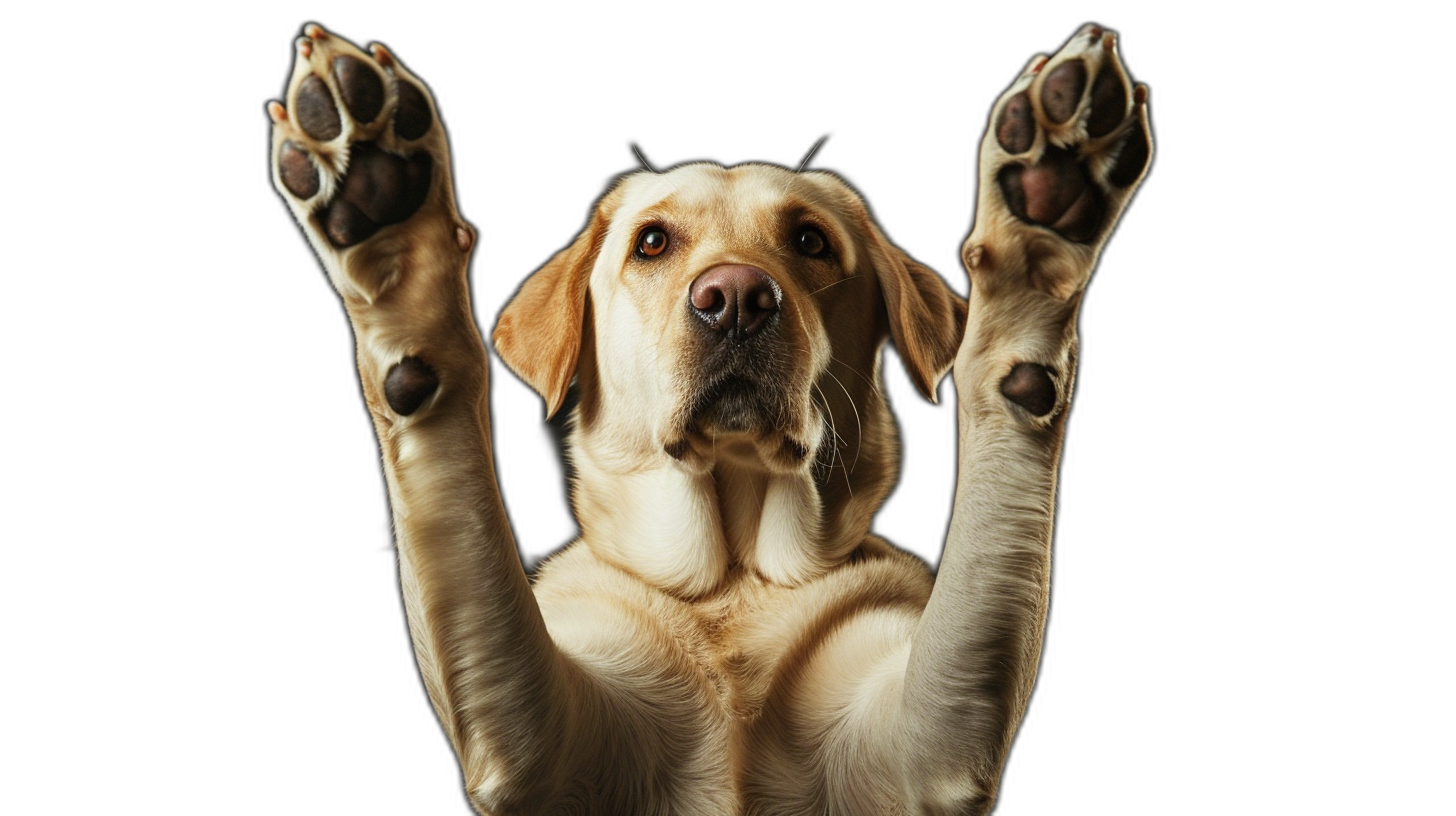 A Labrador Retriever with its paws raised in the air, isolated on black background. A dog doing yoga poses or striking epic action pose for selfcircum restauraunt advertising concept, real photo