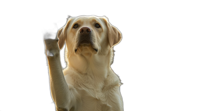 A yellow Labrador doing the high five pose against a solid black background in a style of high resolution photography, with insanely detailed stock photo.