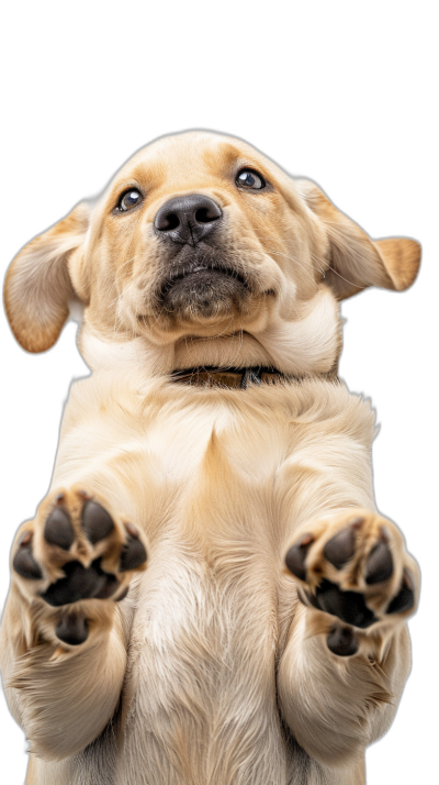 A Labrador puppy is holding its paws up in the air, with his front feet raised and back legs on ground, looking at camera. Black background, high definition photography