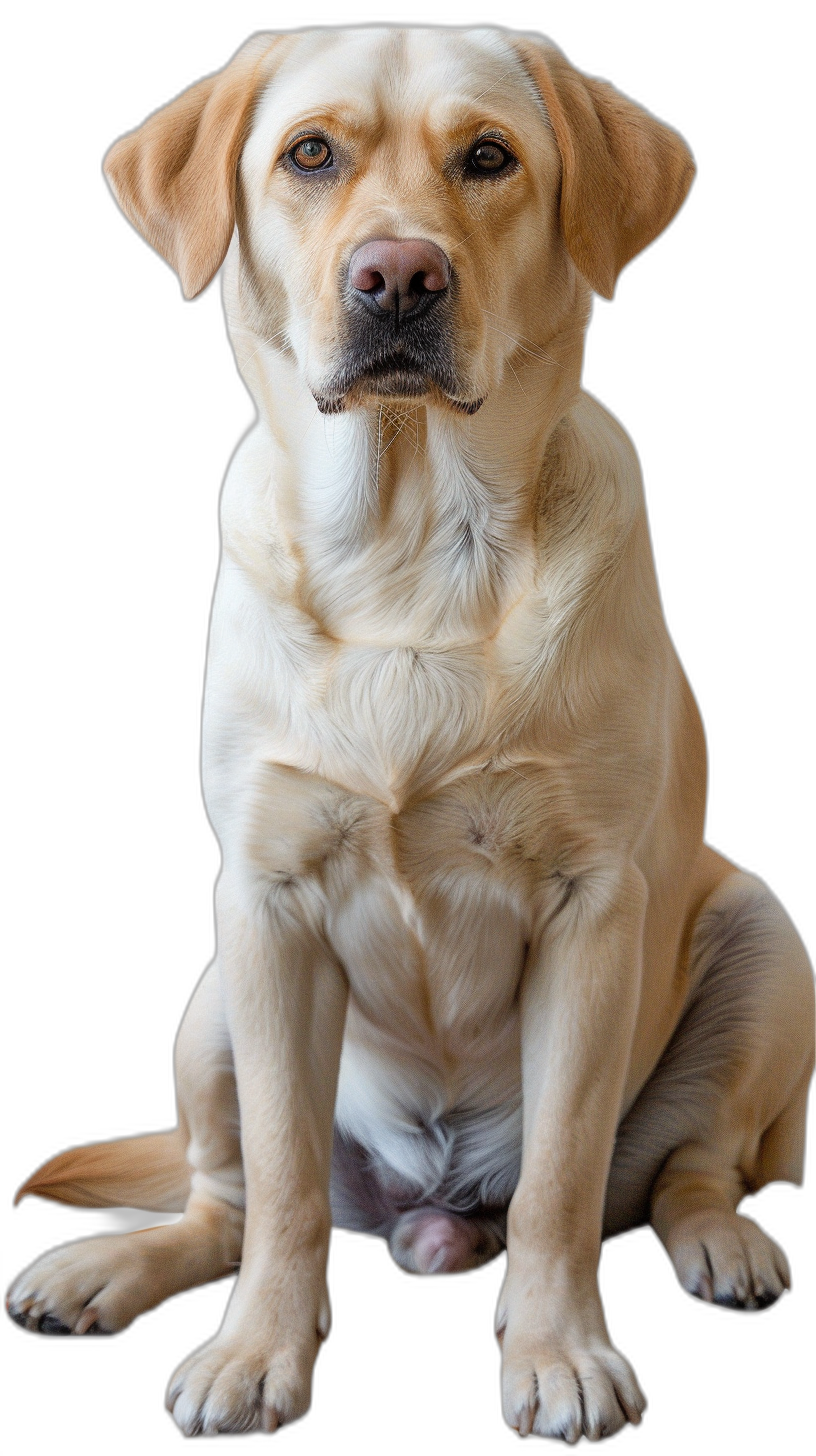 A Labrador dog, sitting posture, front view, black background, clear eyes and hair texture, with high definition photography style