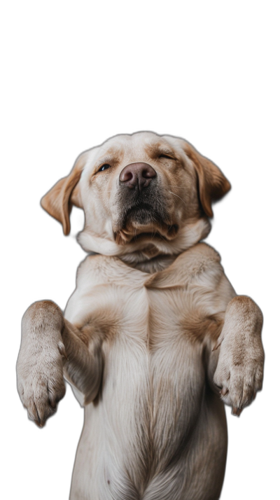 A Labrador dog, with its front paws raised and showing the belly, stands on two legs against a black background, shot in the style of Sony Alpha A7R IV, with studio light from above. The photo was taken at an angle of about 45 degrees.