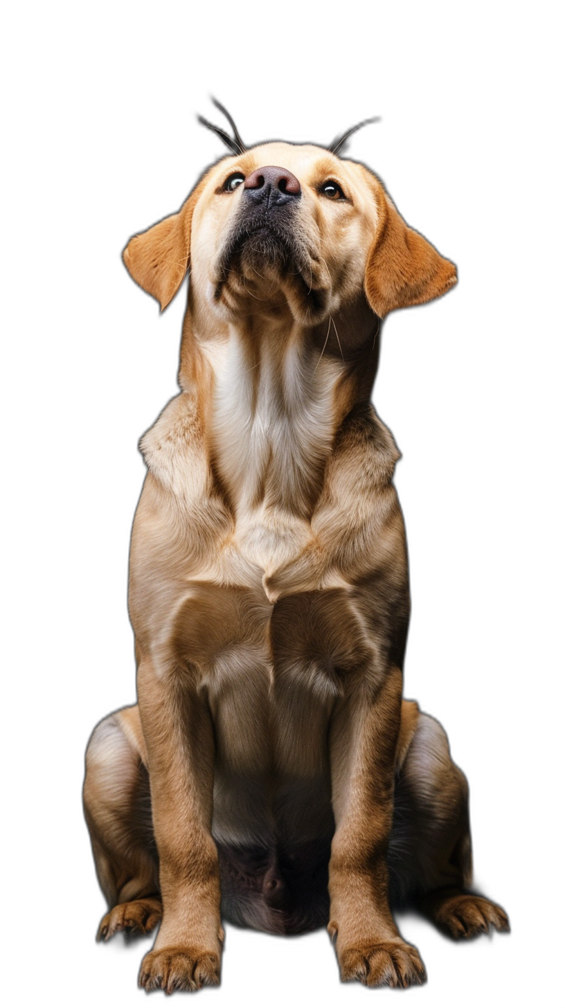 frontal shot of a yellow labrador dog sitting on a black background, looking up with its mouth open, isolated, in the style of photorealistic, raw photo style, ultra high resolution