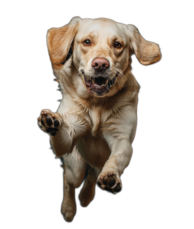 A photo of an happy Labrador Retriever in midair, captured from the front with its paws outstretched and his mouth open on black background, full body shot, shot by Hasselblad X2D camera