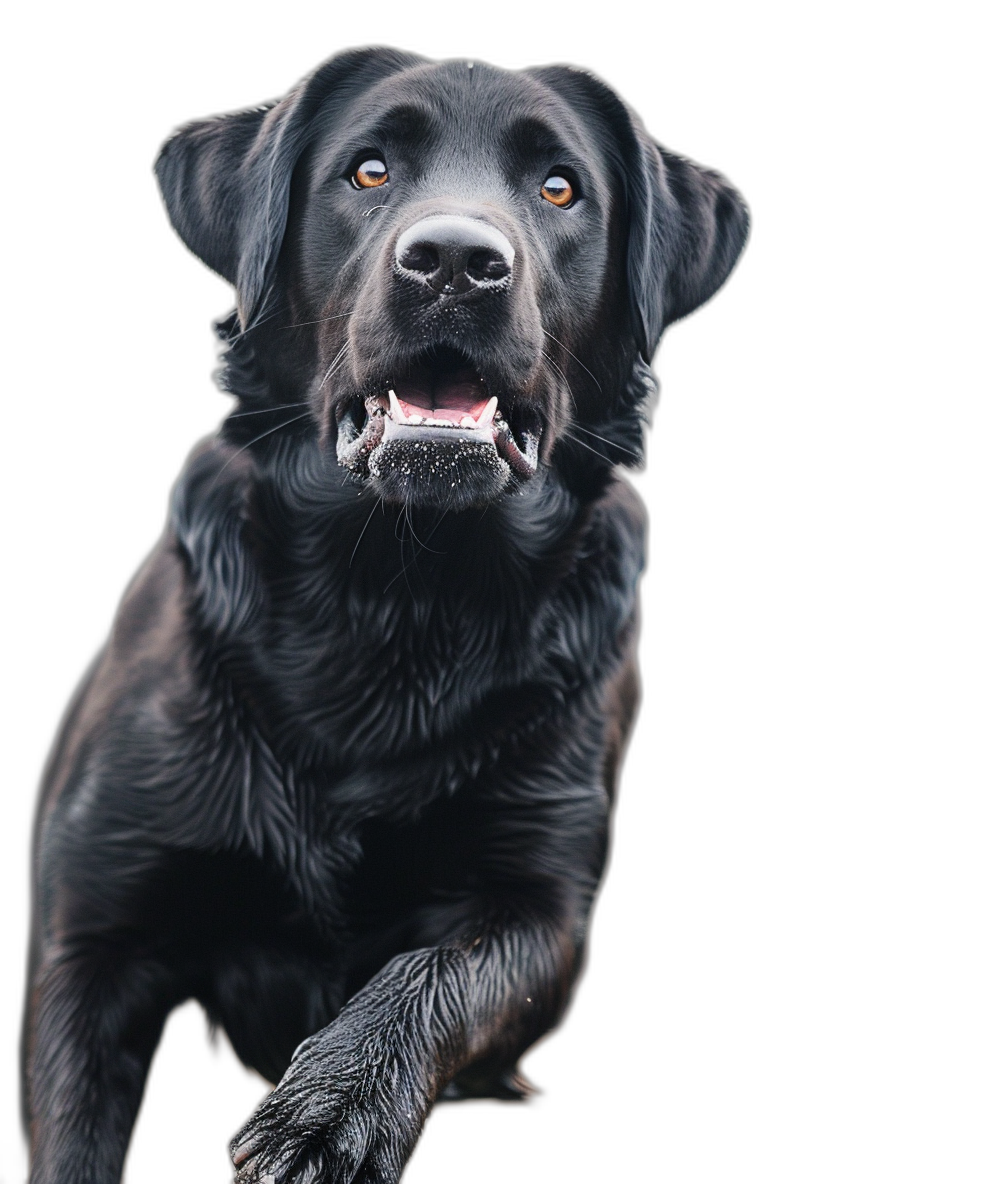 black labrador with one paw raised in front of the camera, happy expression on face, solid black background, studio photography, high resolution photography, hyper realistic photography