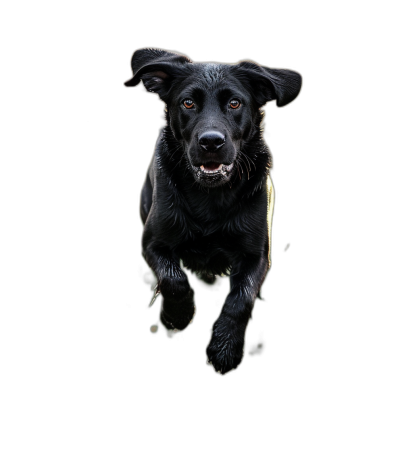 Black Labrador in mid air, looking at camera, front view, isolated on black background, hyper realistic photography