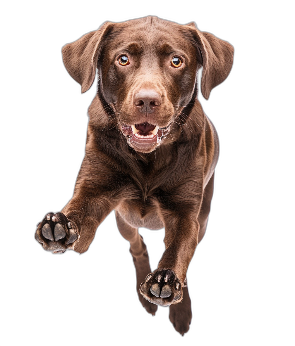 A happy chocolate Labrador dog jumping, view from above with paws showing, isolated on black background, hyper realistic photography style.