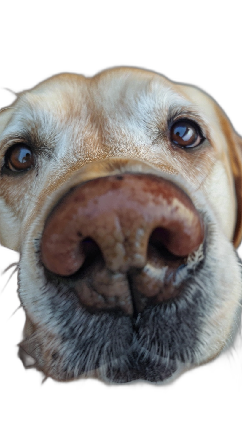 A close up of the face and nose of an old Labrador dog against a black background, in the style of portrait photography. The dog has a smilecore, hyperrealistic, funny cute expression and is looking at the camera with its mouth open showing teeth.