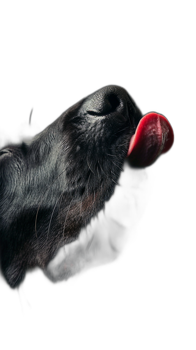 black labrador licking his red tongue, black background, macro photography, high contrast, low angle shot, hyper realistic, soft shadows, no grainy textures, professional color grading enhances the overall look of elegance and luxury. Photography by Tarkovsky style