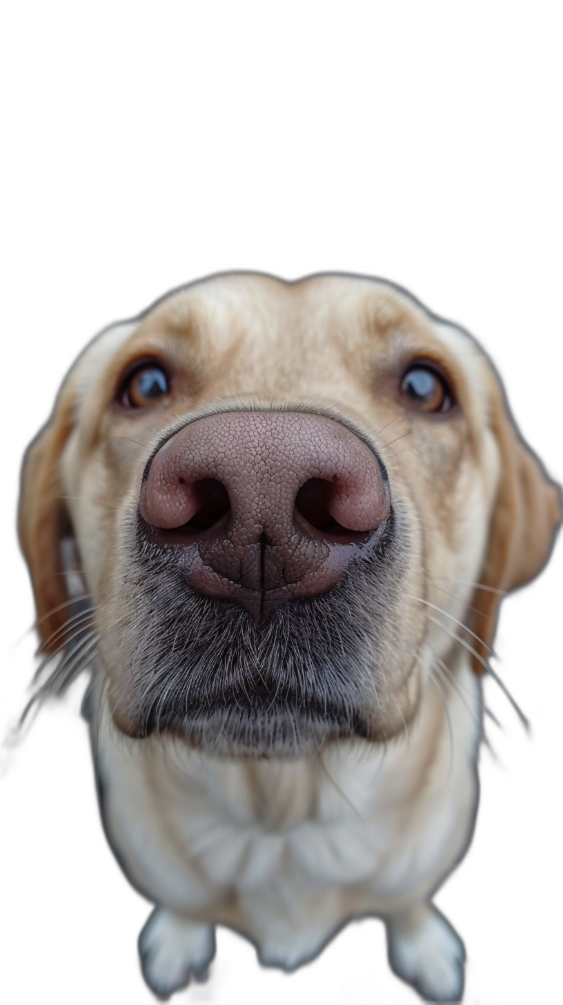 close up portrait of yellow labrador nose, black background, fisheye lens, studio photography, macro photo