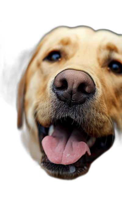 A closeup of the face and tongue, showing detailed fur texture and joyful expression, of an happy Labrador Retriever with its mouth open on black background, high definition photography